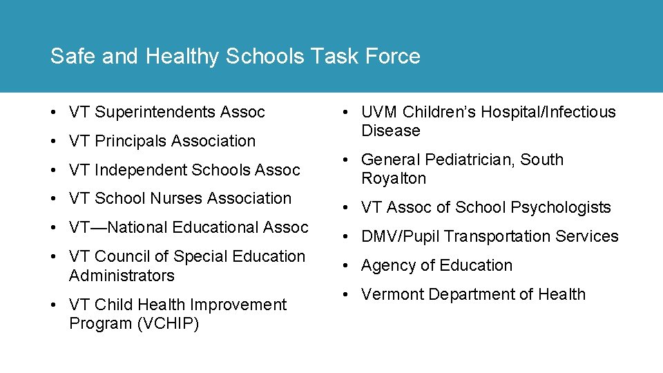 Safe and Healthy Schools Task Force • VT Superintendents Assoc • VT Principals Association