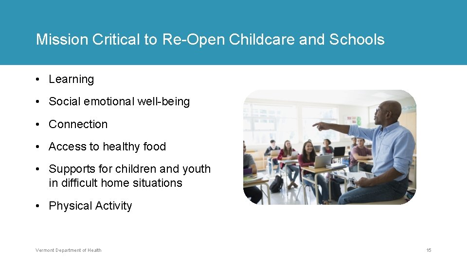 Mission Critical to Re-Open Childcare and Schools • Learning • Social emotional well-being •