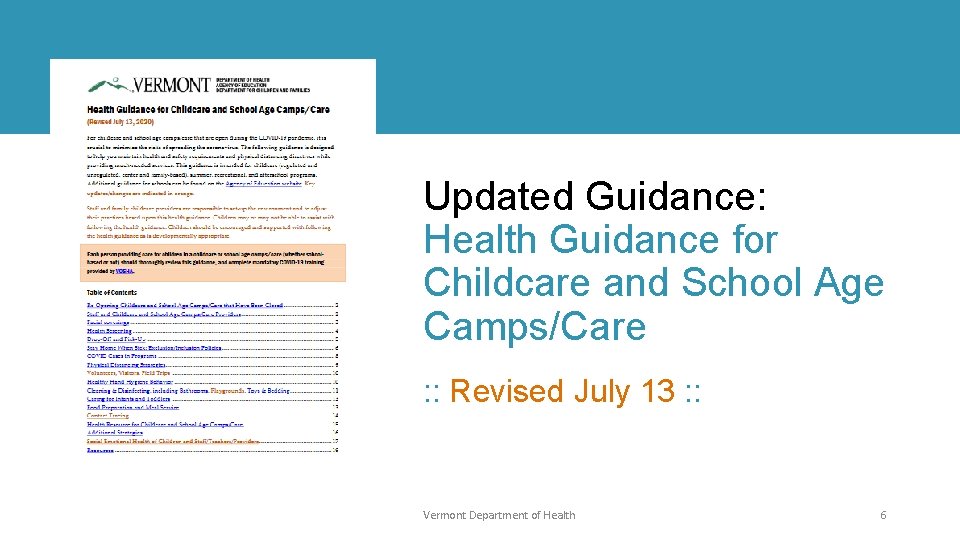 Updated Guidance: Health Guidance for Childcare and School Age Camps/Care : : Revised July