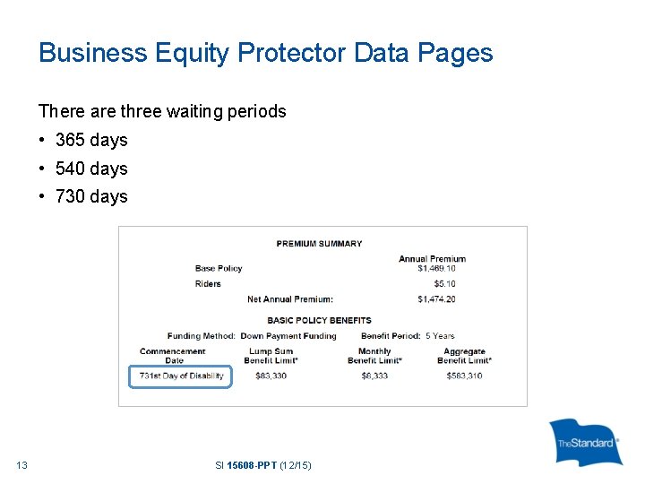 Business Equity Protector Data Pages There are three waiting periods • 365 days •