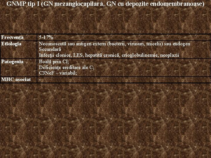 GNMP tip I (GN mezangiocapilară, GN cu depozite endomembranoase) Frecvenţa Etiologia Patogenia MHC asociat