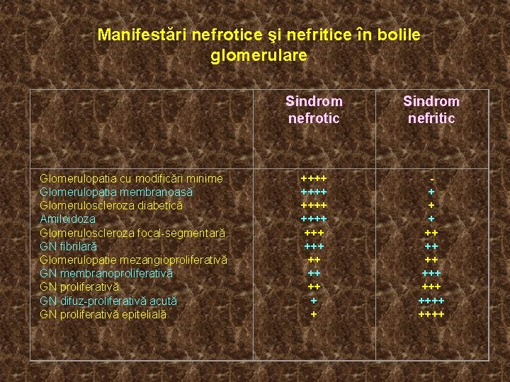 Manifestări nefrotice şi nefritice în bolile glomerulare Glomerulopatia cu modificări minime Glomerulopatia membranoasă Glomeruloscleroza