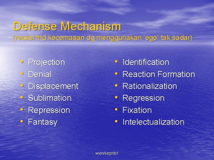 Defense Mechanism (reaksi thd kecemasan dg menggunakan ‘ego’ tak sadar) • • • Projection