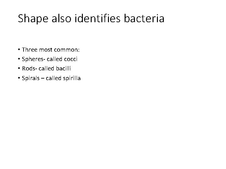 Shape also identifies bacteria • Three most common: • Spheres- called cocci • Rods-