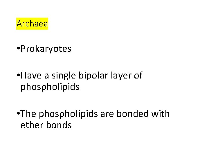 Archaea • Prokaryotes • Have a single bipolar layer of phospholipids • The phospholipids