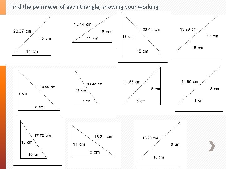 Find the perimeter of each triangle, showing your working 