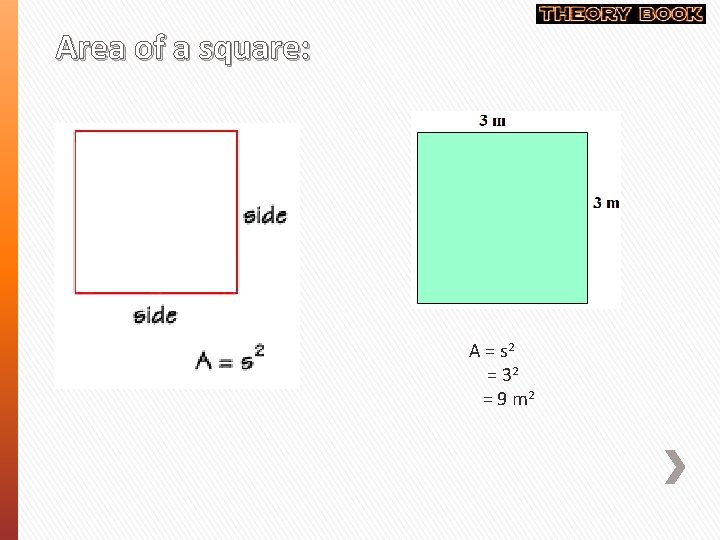 Area of a square: A = s 2 = 32 = 9 m 2