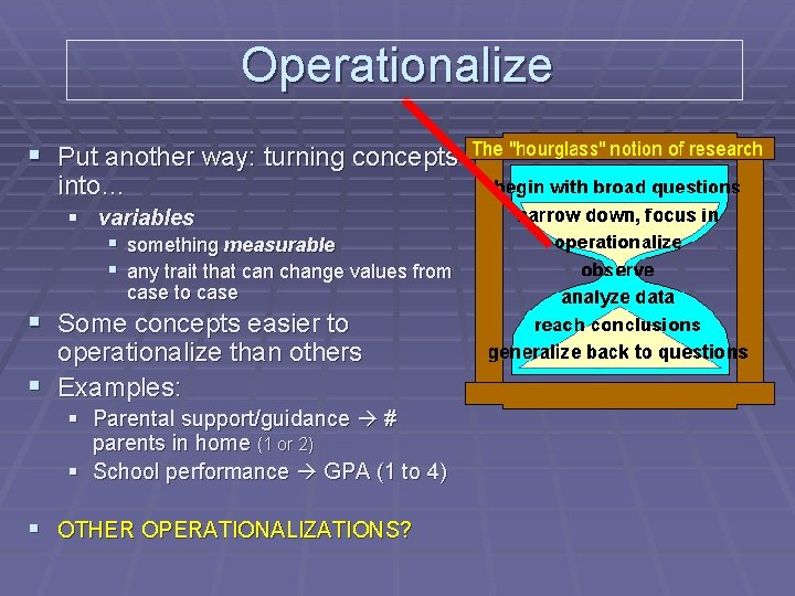 Operationalize § Put another way: turning concepts into… § variables § something measurable §