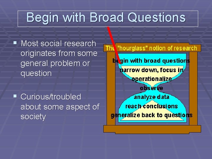 Begin with Broad Questions § Most social research originates from some general problem or