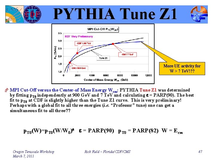 PYTHIA Tune Z 1 More UE activity for W > 7 Te. V!? ?