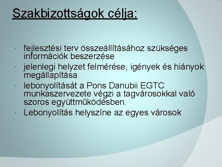 Szakbizottságok célja: fejlesztési terv összeállításához szükséges információk beszerzése jelenlegi helyzet felmérése, igények és hiányok