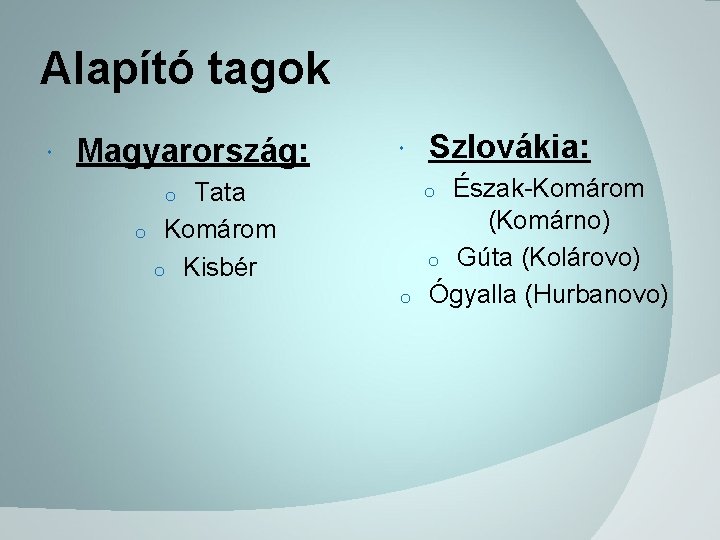 Alapító tagok Magyarország: Tata o Komárom o Kisbér o Szlovákia: Észak-Komárom (Komárno) o Gúta