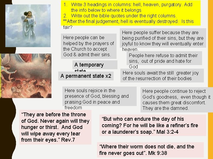 1. Write 3 headings in columns: hell, heaven, purgatory. Add the info below to