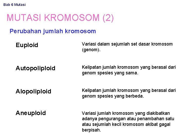 Bab 6 Mutasi MUTASI KROMOSOM (2) Perubahan jumlah kromosom Euploid Variasi dalam sejumlah set