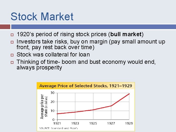 Stock Market 1920’s period of rising stock prices (bull market) Investors take risks, buy