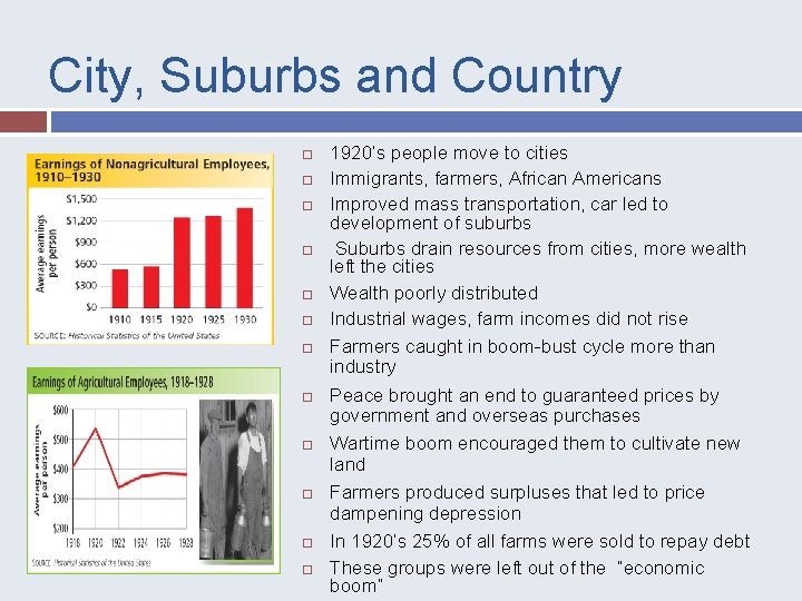 City, Suburbs and Country 1920’s people move to cities Immigrants, farmers, African Americans Improved
