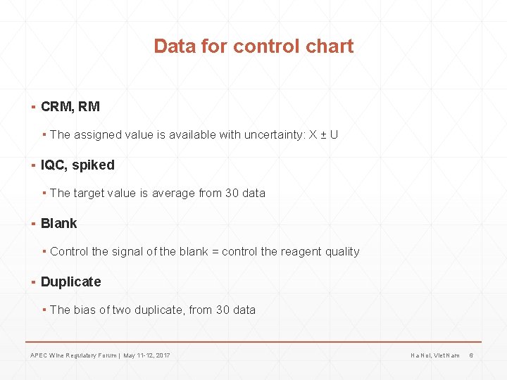 Data for control chart ▪ CRM, RM ▪ The assigned value is available with Data for control chart ▪ CRM, RM ▪ The assigned value is available with