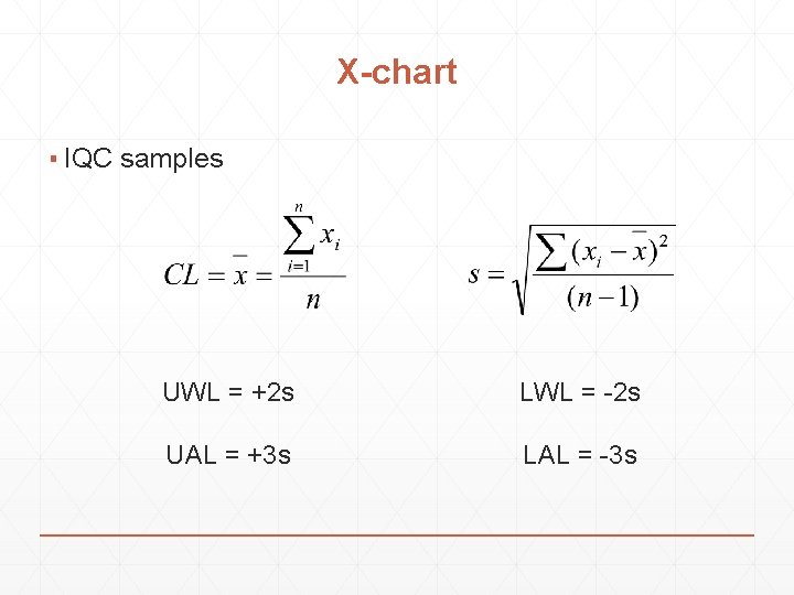 X-chart ▪ IQC samples UWL = +2 s LWL = -2 s UAL = X-chart ▪ IQC samples UWL = +2 s LWL = -2 s UAL =