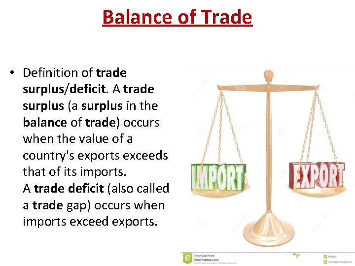 Balance of Trade • Definition of trade surplus/deficit. A trade surplus (a surplus in