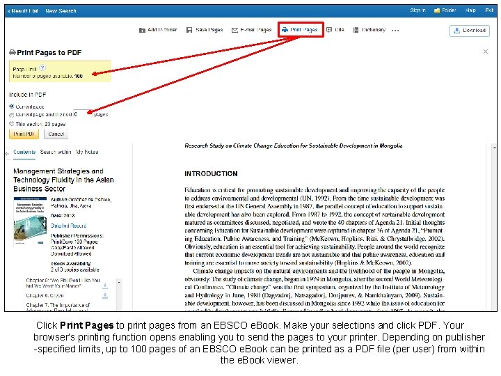 Click Print Pages to print pages from an EBSCO e. Book. Make your selections