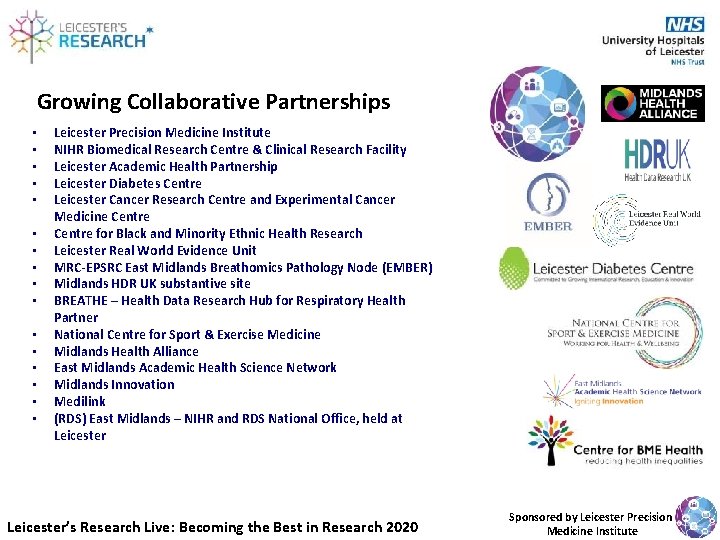Growing Collaborative Partnerships • • • • Leicester Precision Medicine Institute NIHR Biomedical Research