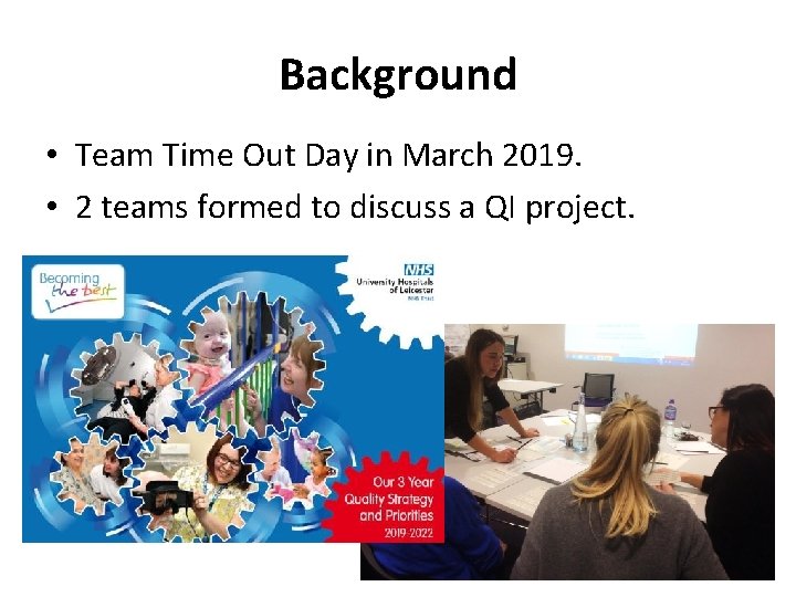 Background • Team Time Out Day in March 2019. • 2 teams formed to