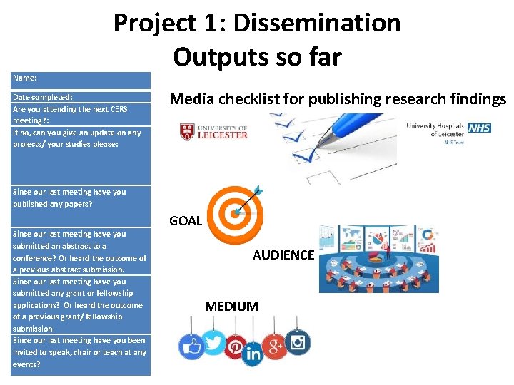 Name: Project 1: Dissemination Outputs so far Date completed: Are you attending the next