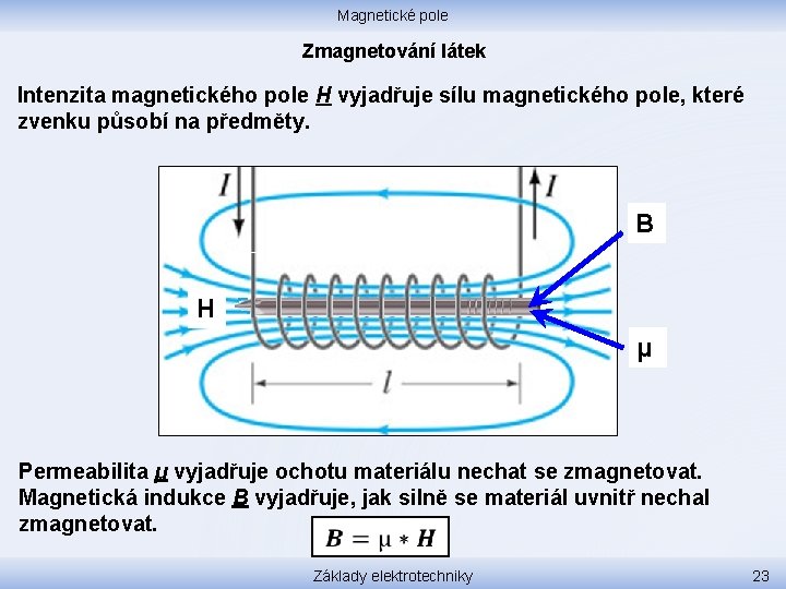 Magnetické pole Zmagnetování látek Intenzita magnetického pole H vyjadřuje sílu magnetického pole, které zvenku
