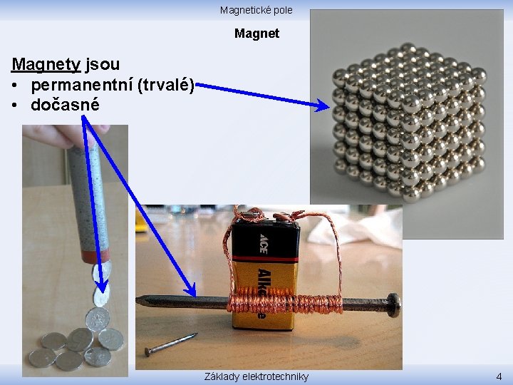 Magnetické pole Magnety jsou • permanentní (trvalé) • dočasné Základy elektrotechniky 4 