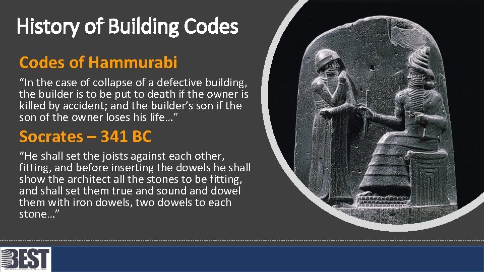 History of Building Codes of Hammurabi “In the case of collapse of a defective