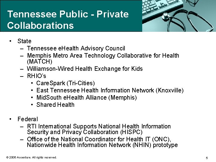 Tennessee Public - Private Collaborations • State – Tennessee e. Health Advisory Council –