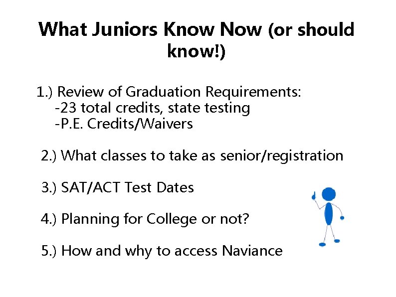 What Juniors Know Now (or should know!) 1. ) Review of Graduation Requirements: -23 What Juniors Know Now (or should know!) 1. ) Review of Graduation Requirements: -23