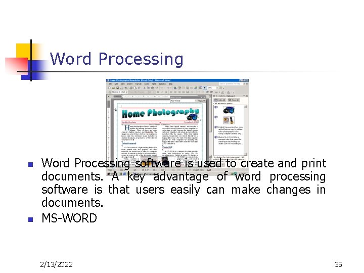Word Processing n n Word Processing software is used to create and print documents. Word Processing n n Word Processing software is used to create and print documents.