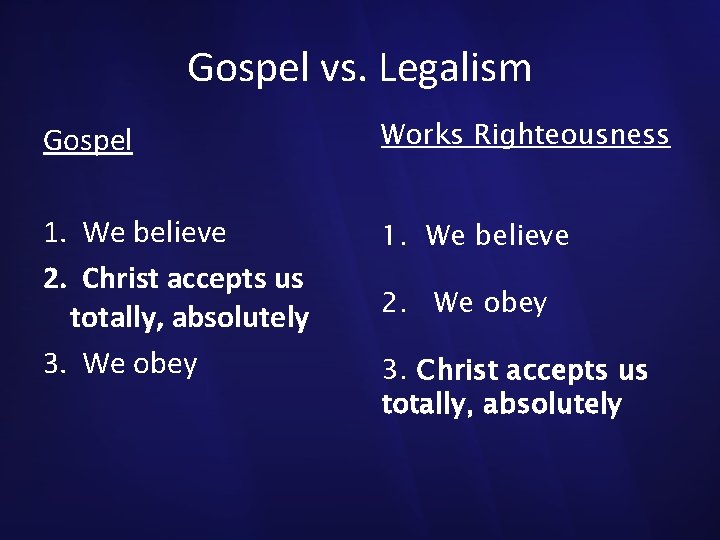 Gospel vs. Legalism Gospel Works Righteousness 1. We believe 2. Christ accepts us totally,