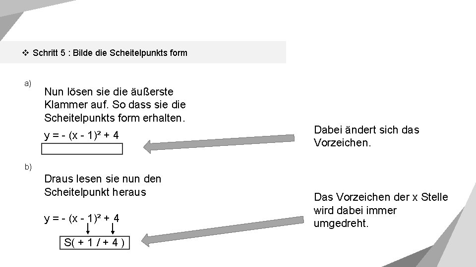 v Schritt 5 : Bilde die Scheitelpunkts form a) Nun lösen sie die äußerste