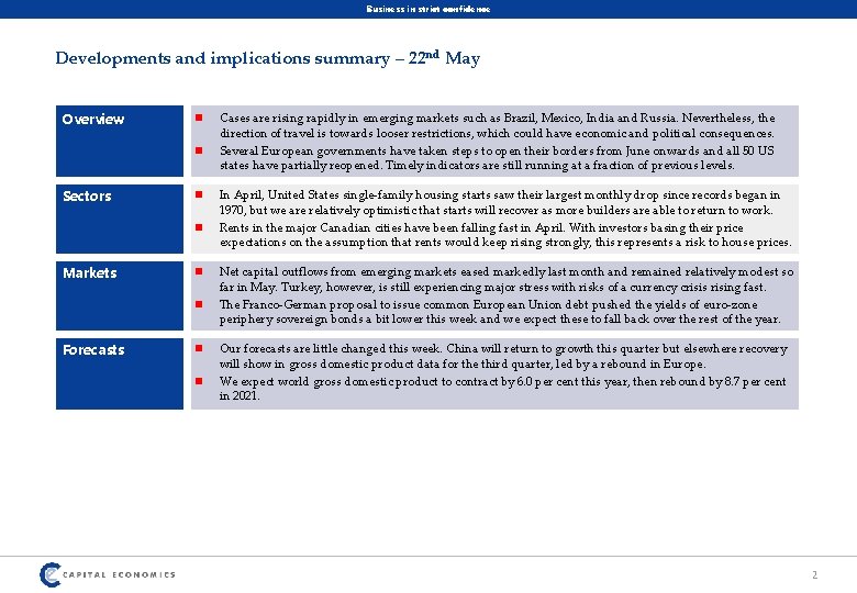 Business in strict confidence Developments and implications summary – 22 nd May Overview n
