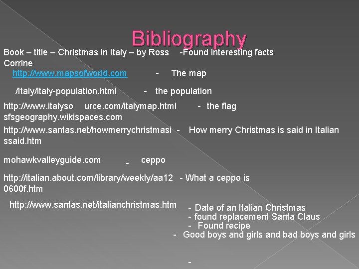 Bibliography Book – title – Christmas in Italy – by Ross -Found interesting facts