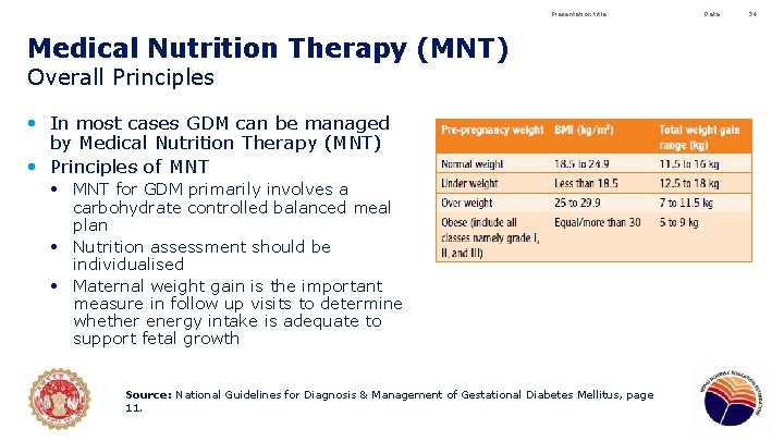 Presentation title Medical Nutrition Therapy (MNT) Overall Principles • In most cases GDM can