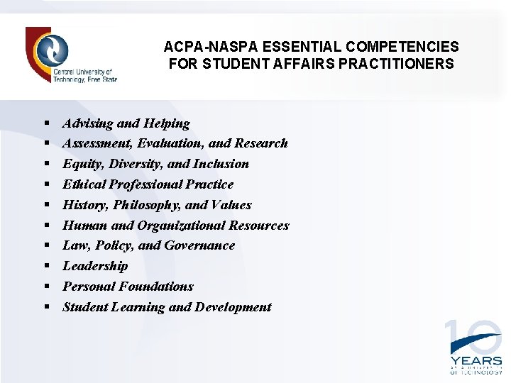 ACPA-NASPA ESSENTIAL COMPETENCIES FOR STUDENT AFFAIRS PRACTITIONERS § § § § § Advising and