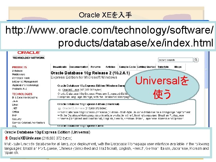 Oracle XEを入手 http: //www. oracle. com/technology/software/ products/database/xe/index. html Universalを 使う わんくま同盟 東京勉強会 #36 