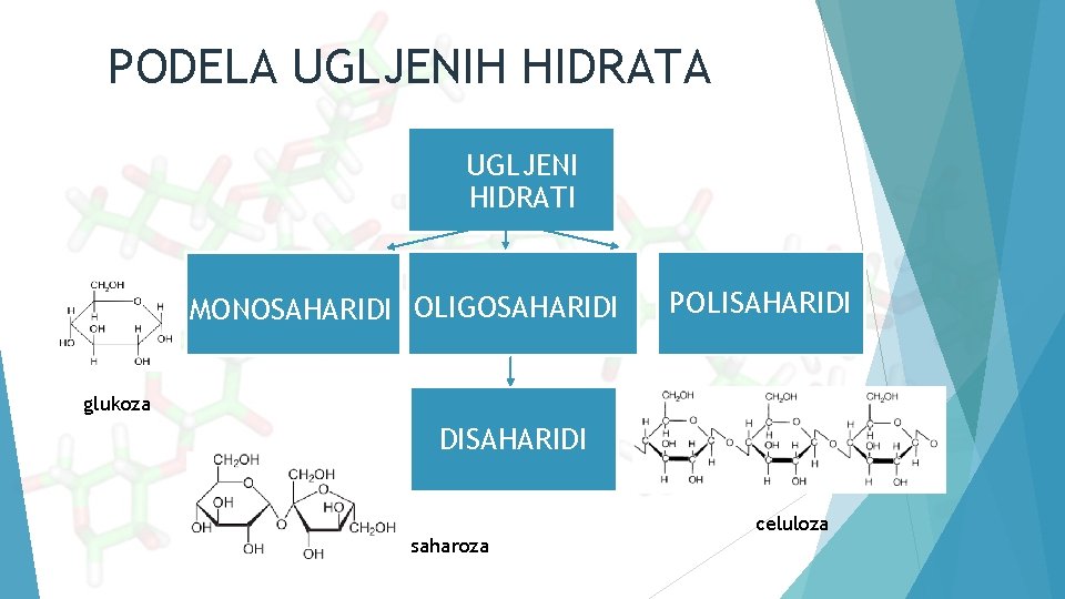 PODELA UGLJENIH HIDRATA UGLJENI HIDRATI MONOSAHARIDI OLIGOSAHARIDI POLISAHARIDI glukoza DISAHARIDI saharoza celuloza 