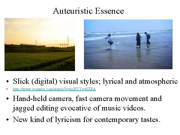 Auteuristic Essence • Slick (digital) visual styles; lyrical and atmospheric • http: //www. youtube.
