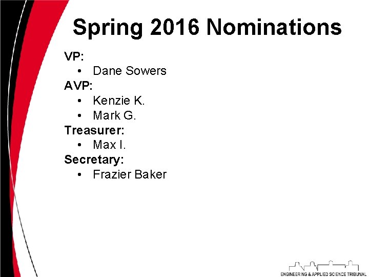 Spring 2016 Nominations VP: • Dane Sowers AVP: • Kenzie K. • Mark G.