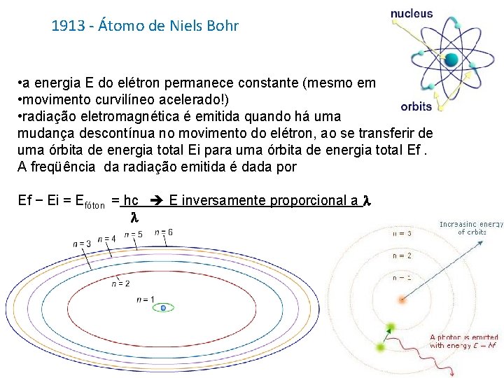 1913 - Átomo de Niels Bohr • a energia E do elétron permanece constante