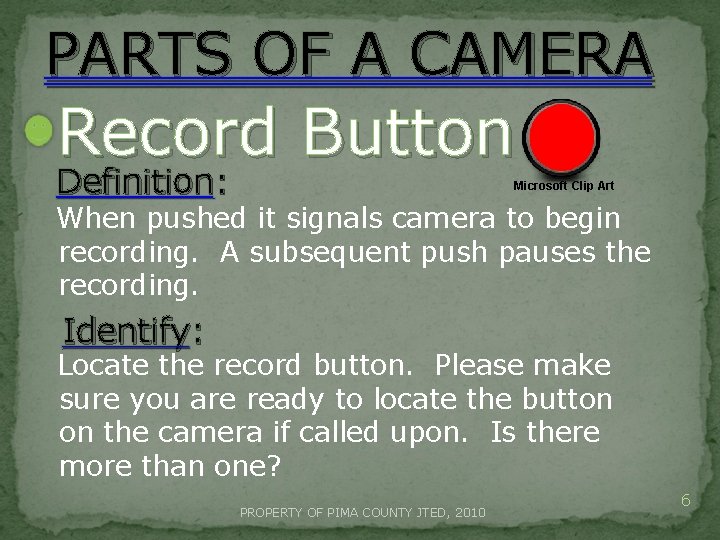 PARTS OF A CAMERA Record Button Definition: Microsoft Clip Art When pushed it signals