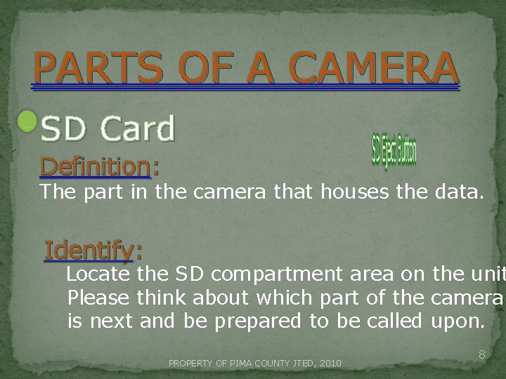 PARTS OF A CAMERA SD Card Definition: The part in the camera that houses