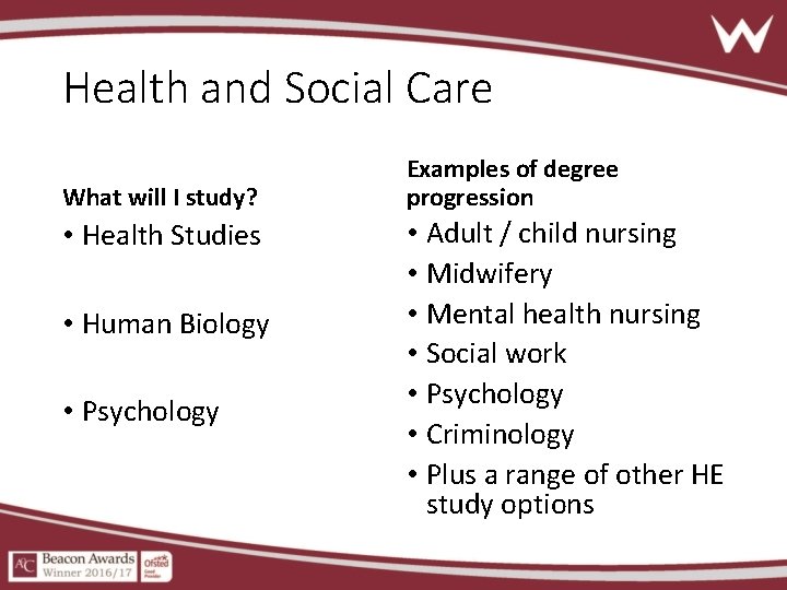 Health and Social Care What will I study? • Health Studies • Human Biology