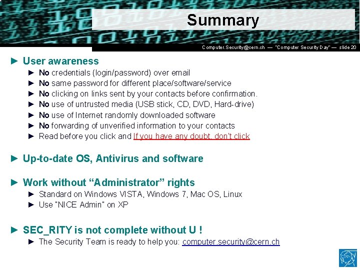 Summary Dr. Stefan (CERN IT/CO) ― DESY ― 20. Computer. Security@cern. ch — Lüders