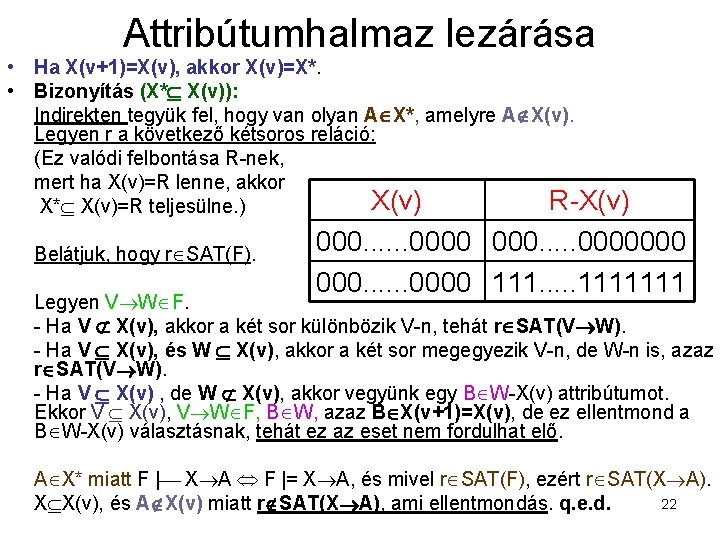 Attribútumhalmaz lezárása • Ha X(v+1)=X(v), akkor X(v)=X*. • Bizonyítás (X* X(v)): Indirekten tegyük fel,