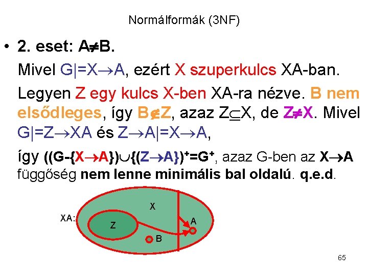 Normálformák (3 NF) • 2. eset: A B. Mivel G|=X A, ezért X szuperkulcs